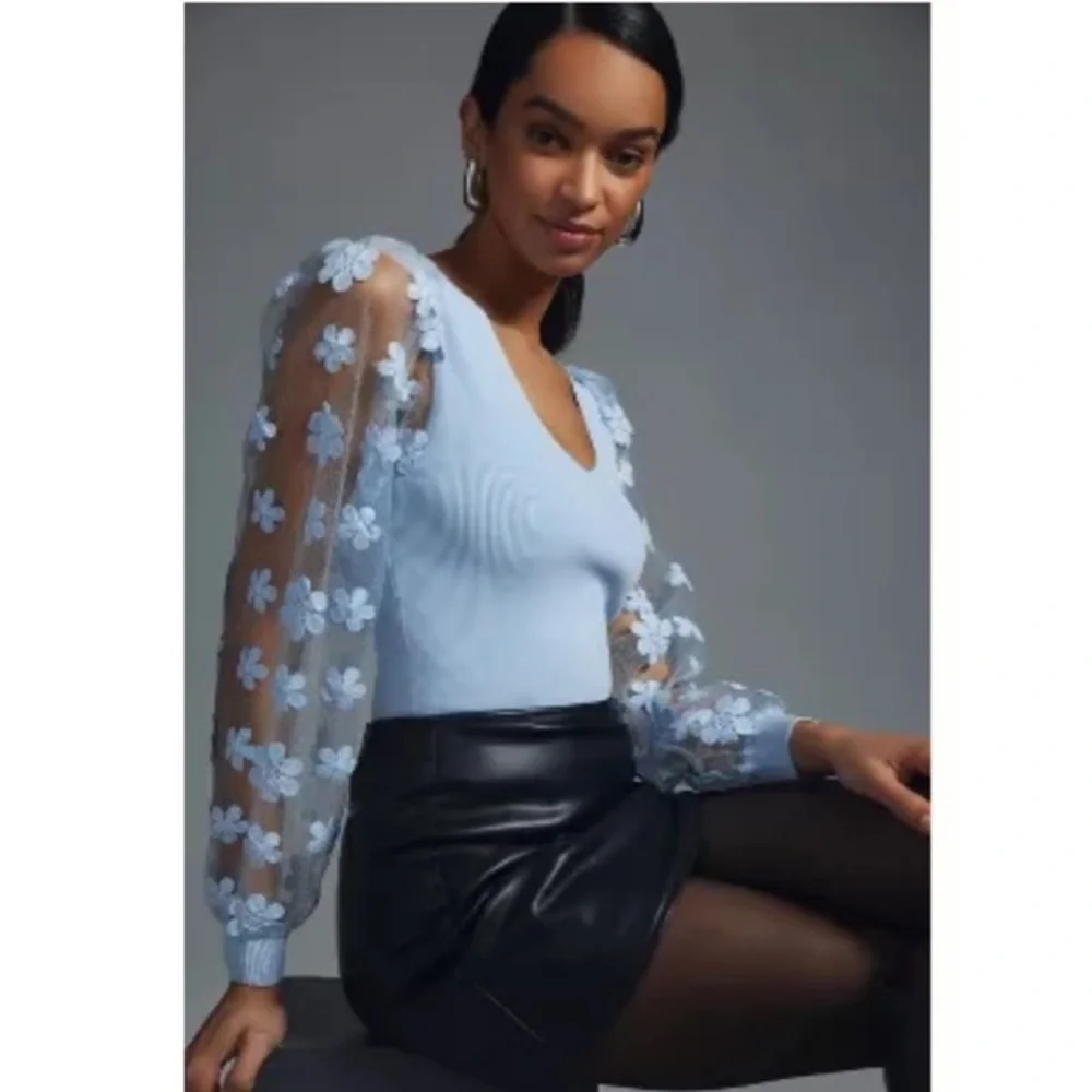Anthropologie Dolan Sheer Sleeve Appliqué Sweater/NWT - Picture 1 of 5